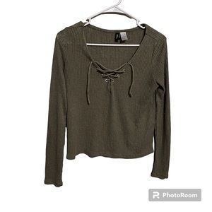 DIVIDED olive green long sleeved v-Neck/tie up shirt size small